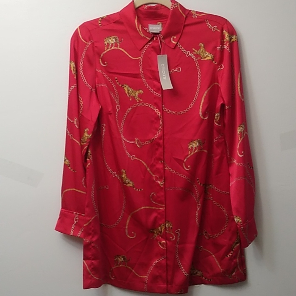Chico's Cheetah & Chains L/S Tunic, Red, Size 0, NWT